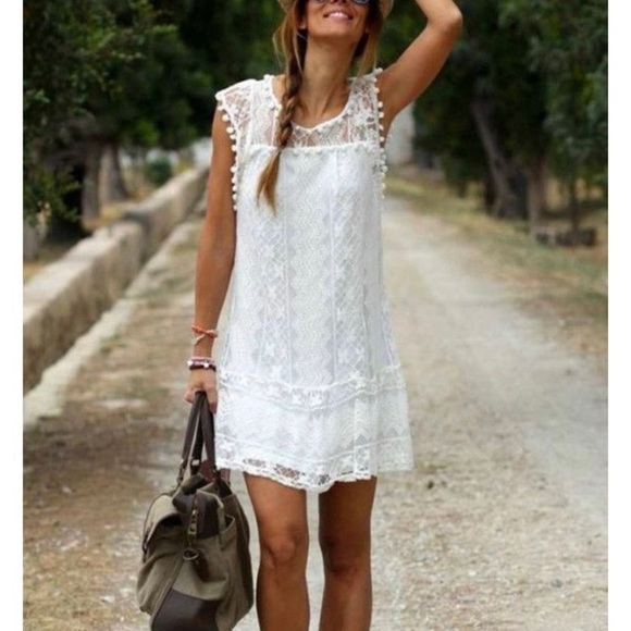 Knitted Laced White Fashion Summer Dress With Tassels. SZ L - Picture 14 of 14